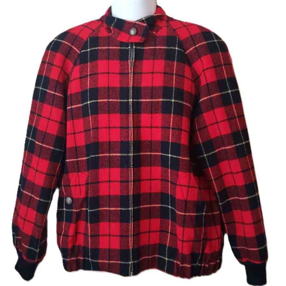 Vintage 1980s Pendleton Wool Jacket Full Zip Red Plaid Men's Size Medium